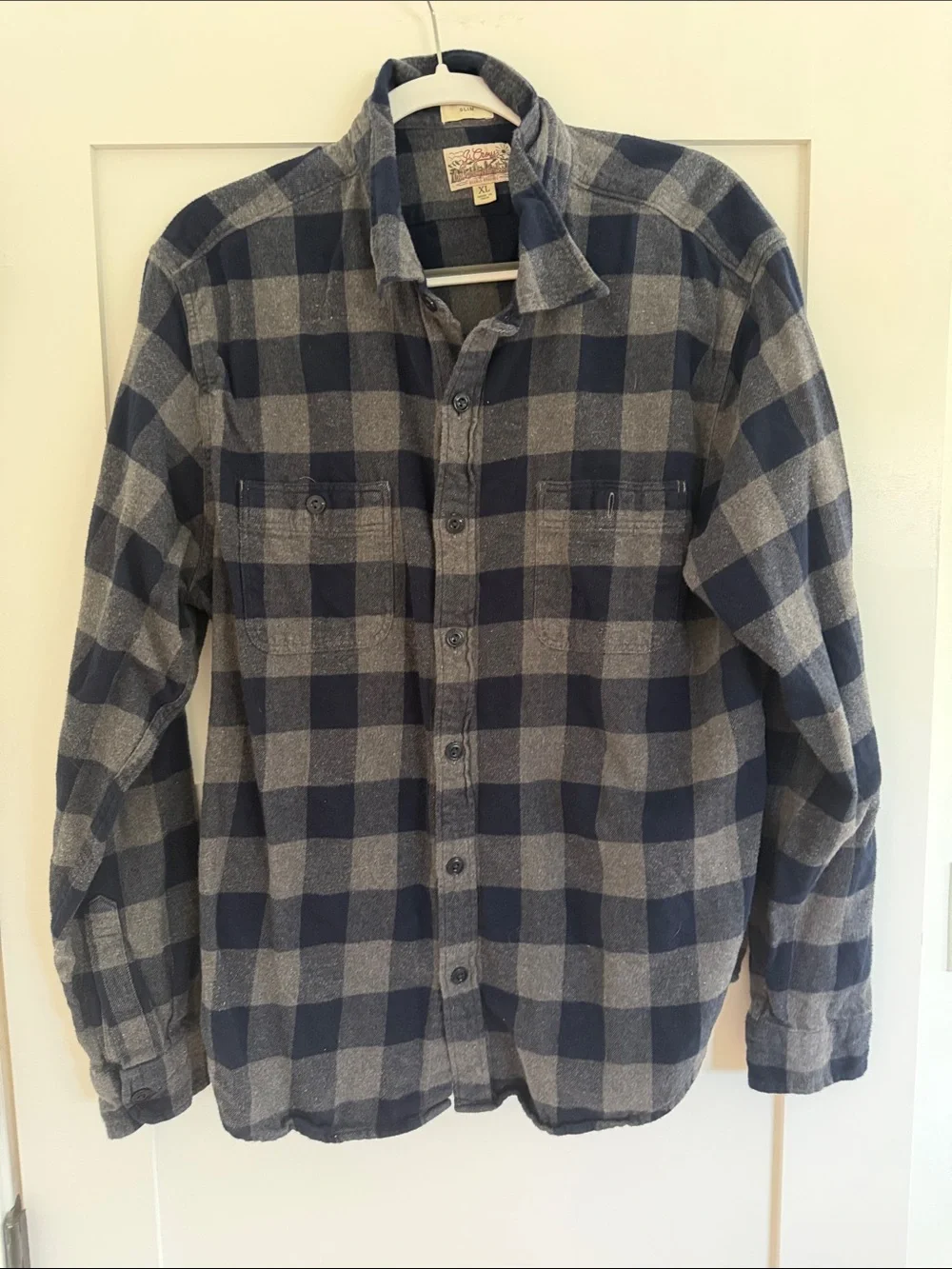 J. Crew Navy and Gray Plaid Button-Up Shirt XL Slim
